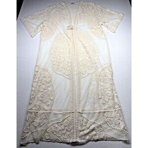 Umgee USA Lace Duster Kimono L Cream Crochet Open Front Boho Festival Cover Up